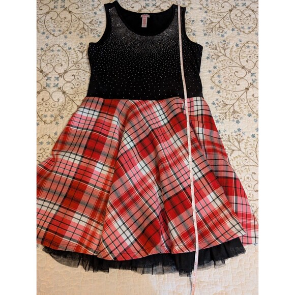 JUSTICE GIRLS SZ 18 SPARKLE BLACK DRESS WITH PLAID SKIRT PEEKING TULLE RED PLAID - Picture 9 of 11